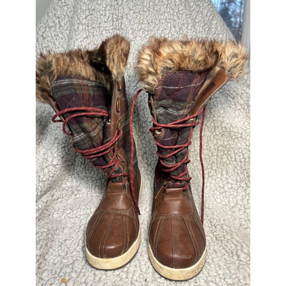 Marley Shoes - Marley Womens Brown Plaid Faux Fur Trim Lace Up Winter Duck Boots‎ Size 8